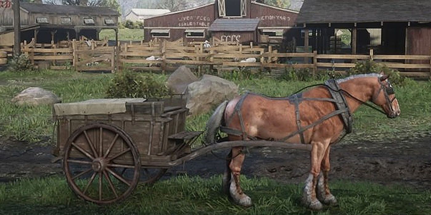 Red Dead Redemption 2's Belgian Horse pulling a carriage.