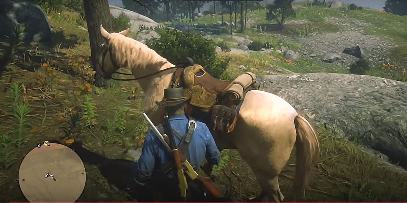 Arthur dari Red Dead Redemption 2 bersiap untuk menunggangi kuda Warmblood Belanda