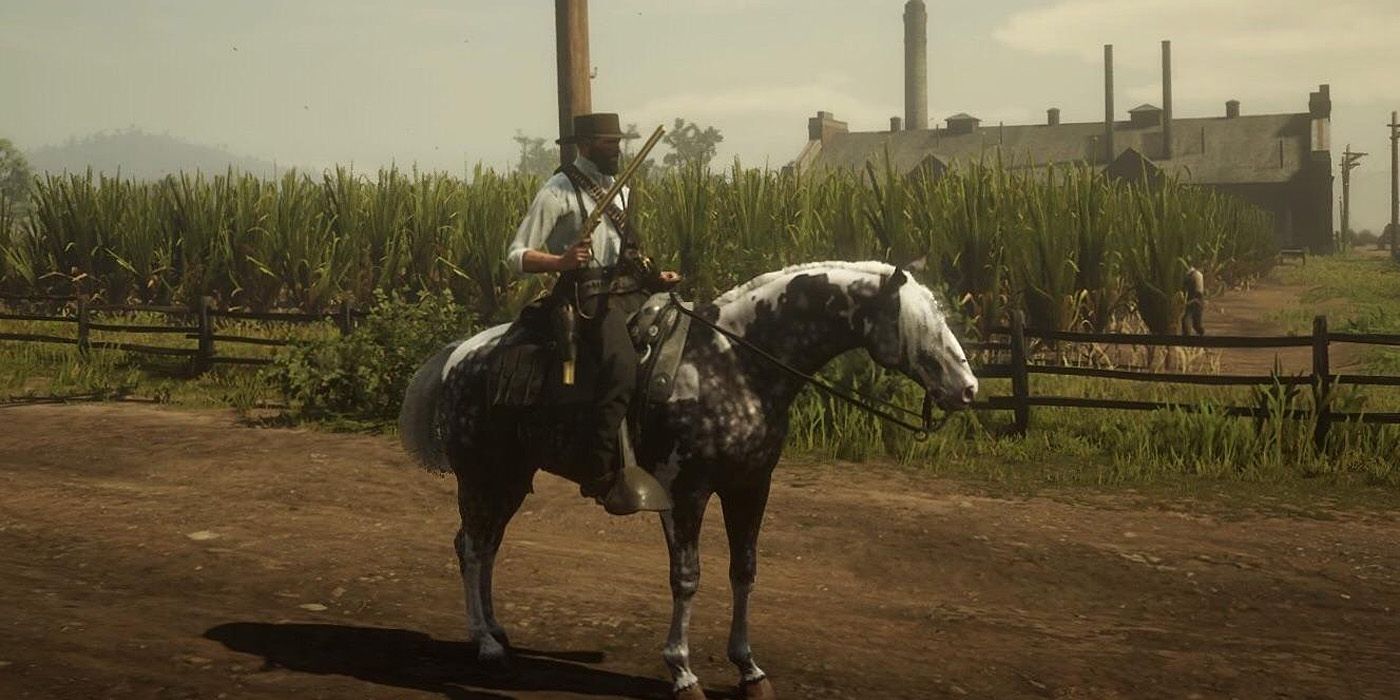 Red Dead Redemption 2's Arthur riding the Missouri Fox Trotter.