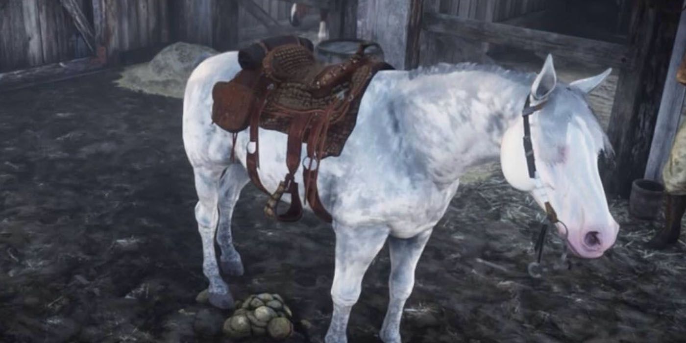 Red Dead Redemption 2's Nokota Horse standing in a stable.