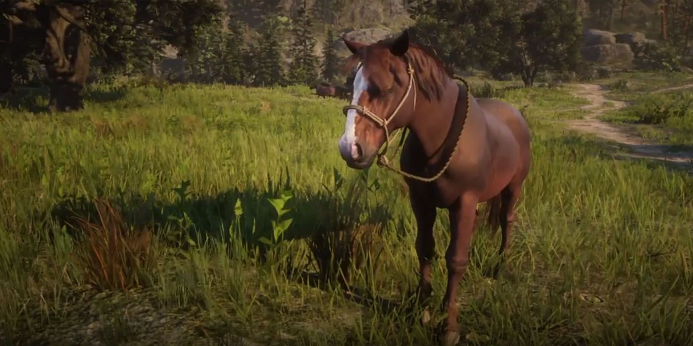 Red Dead Redemption 2's Suffolk Punch horse standing in a grassy field.