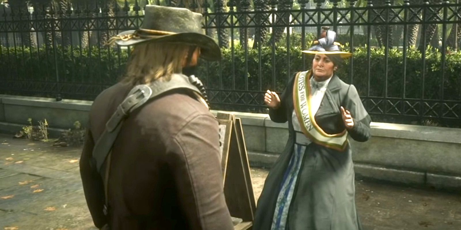 A women's suffrage campaigner in Red Dead Redemption 2