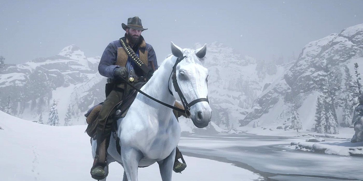 Red Dead Redemption 2's Arthur riding the White Arabian Horse.