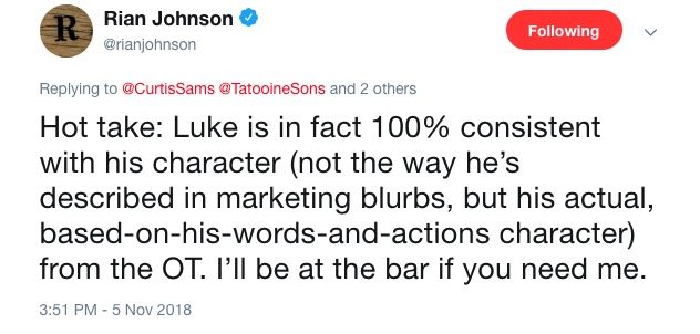 Image result for rian johnson luke tweet