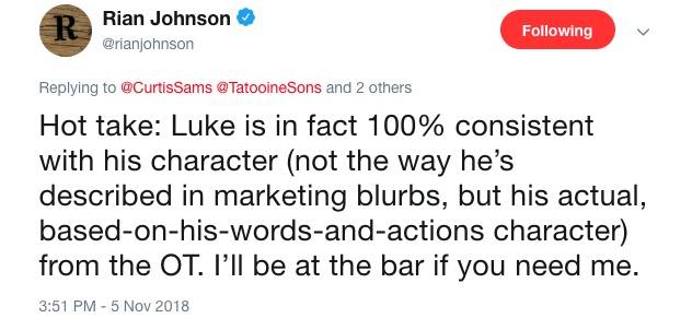 https://static1.srcdn.com/wordpress/wp-content/uploads/2018/11/Rian-Johnson-Luke-Skywalker-Last-Jedi-tweet.jpg?q=50&fit=crop&w=738