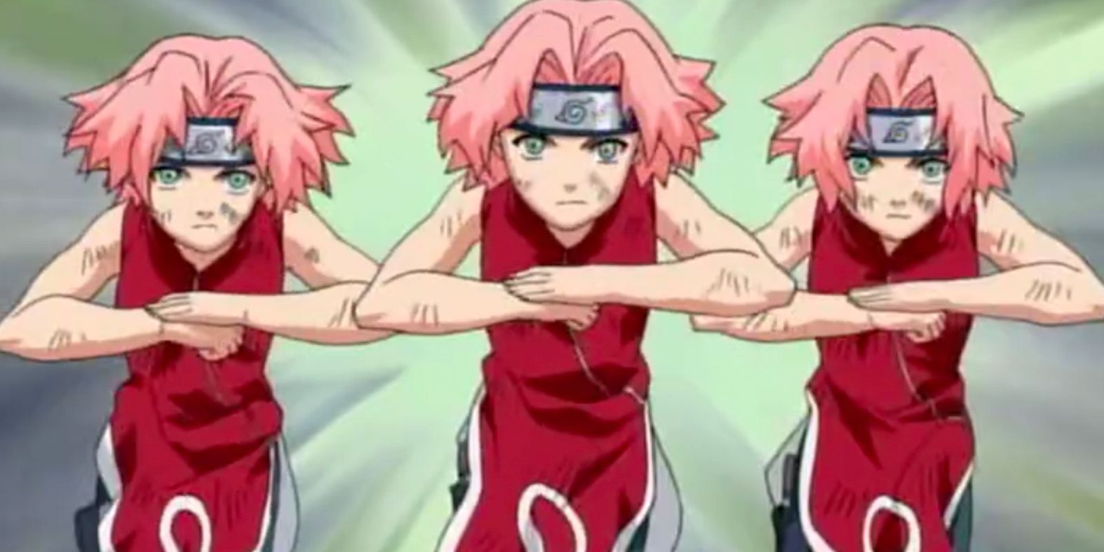 Sakura Haruno using handsigns to create clones of herself in Naruto