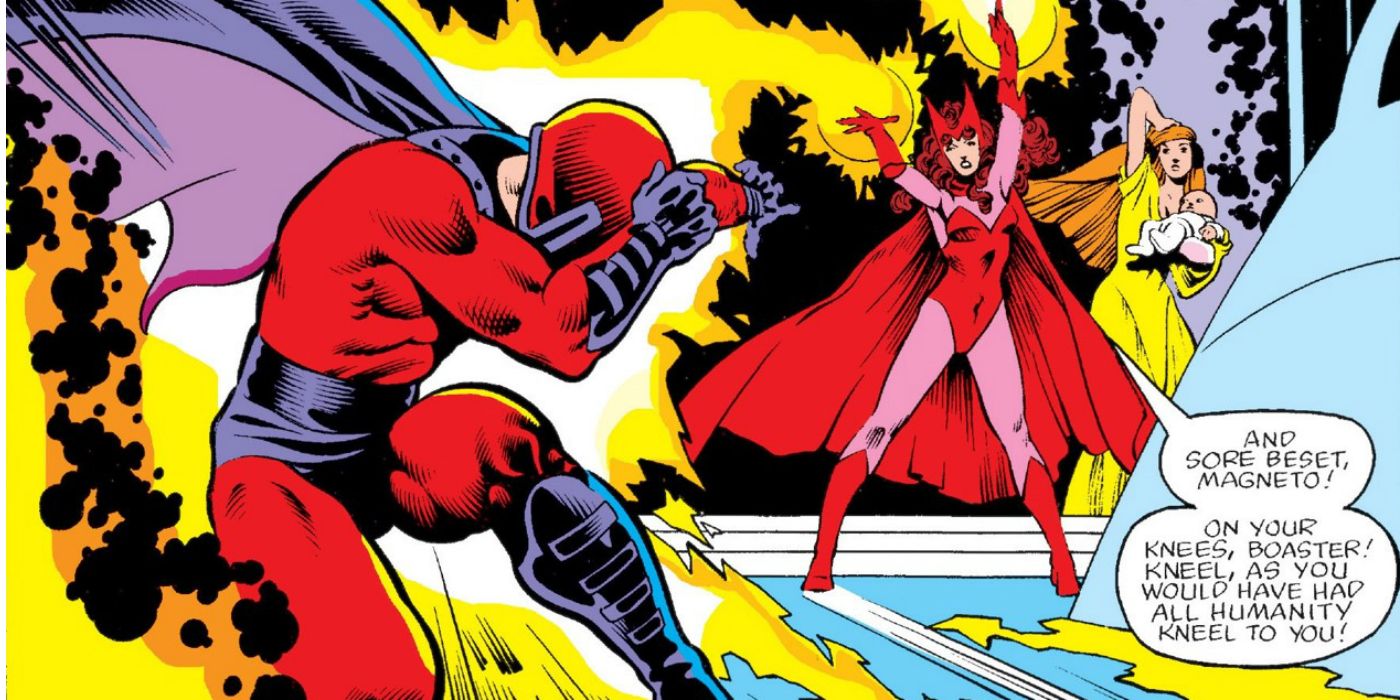 Scarlet Witch battles Magneto in Marvel Comics.
