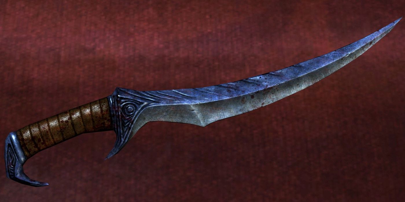 Una representación de Blade of Woe de Skyrim contra un fondo rojo.