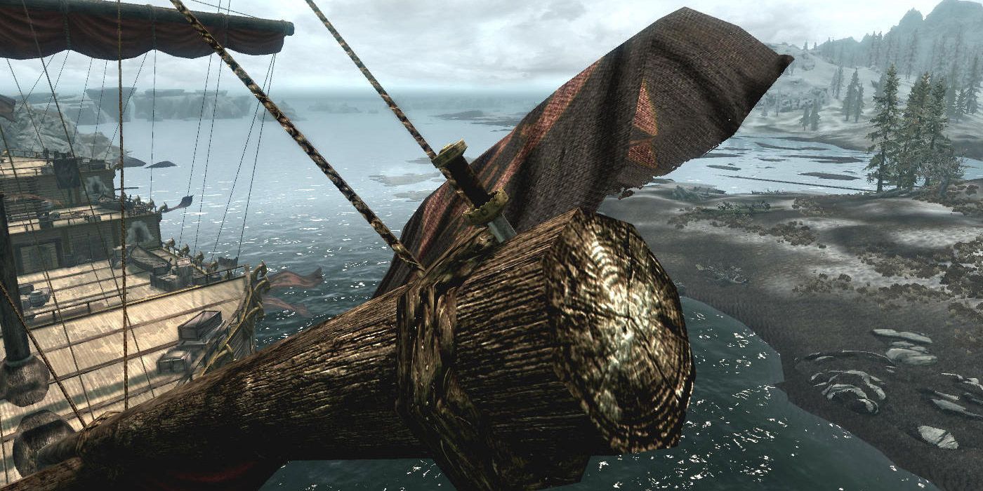 Windshear al final de una viga de madera en un barco de Skyrim.