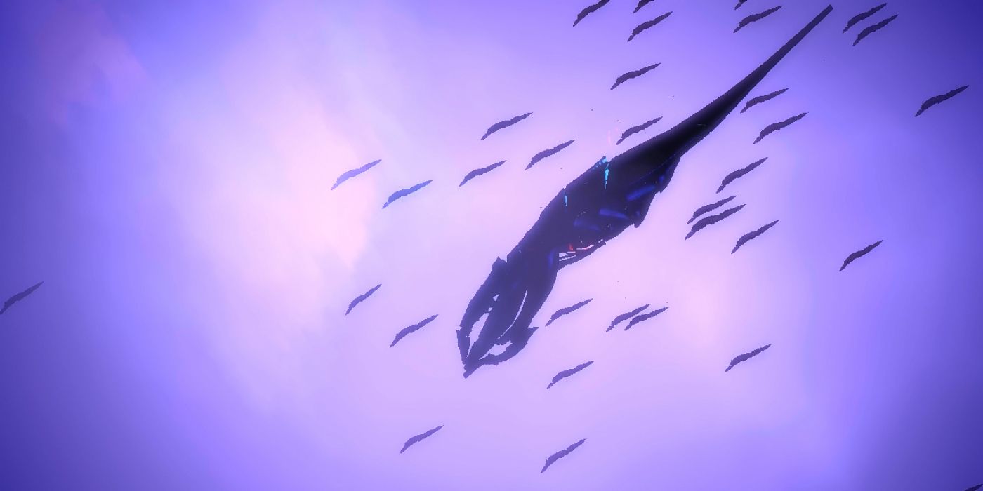 Sovereign and other reapers fly through space in Mass Effect