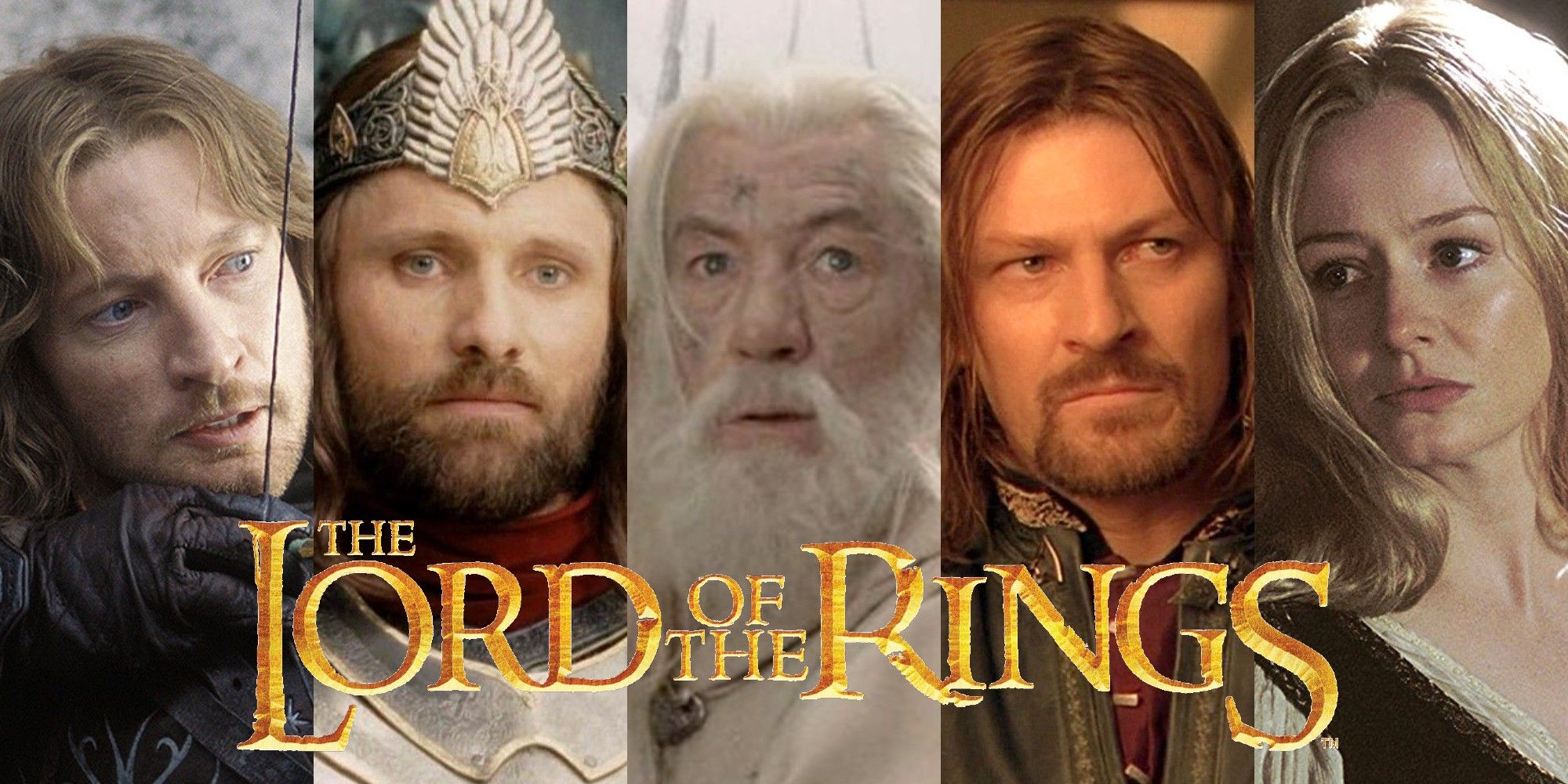 Split image of Faramir, Aragorn, Gandalf, Boromir and Eowyn from The Lord of the Rings movies with the logo on top