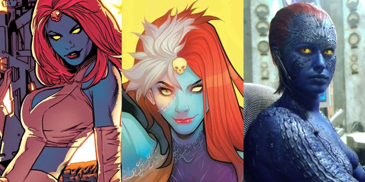 Split image of Mystique in the comics and on screen feature