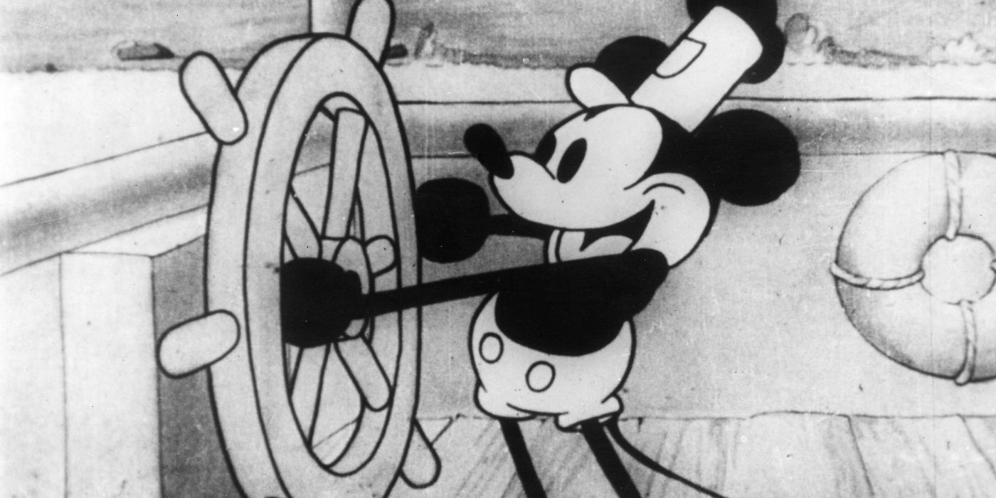 Steamboat Willie steering a steamboat