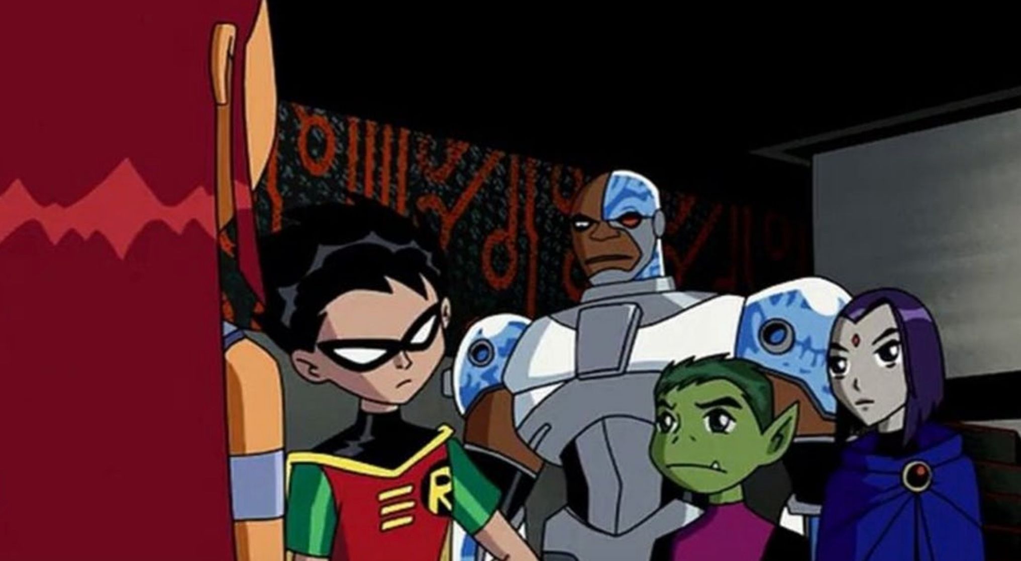 Lista dos Jovens Titãs, incluindo Starfire Robin Cyborg Beast Boy e Raven olhando um para o outro