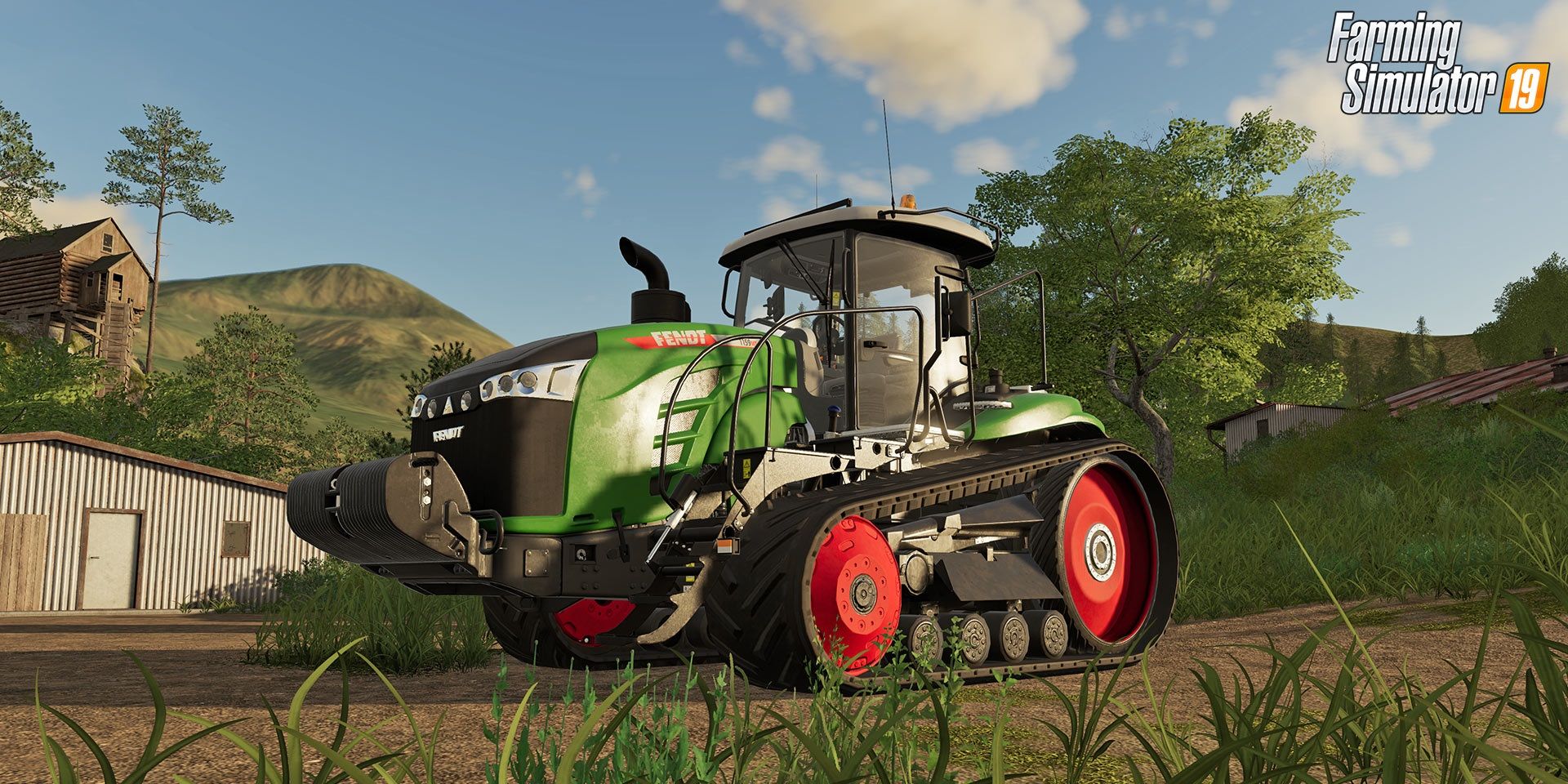 A tractor drives across a farm in Farming Simulator