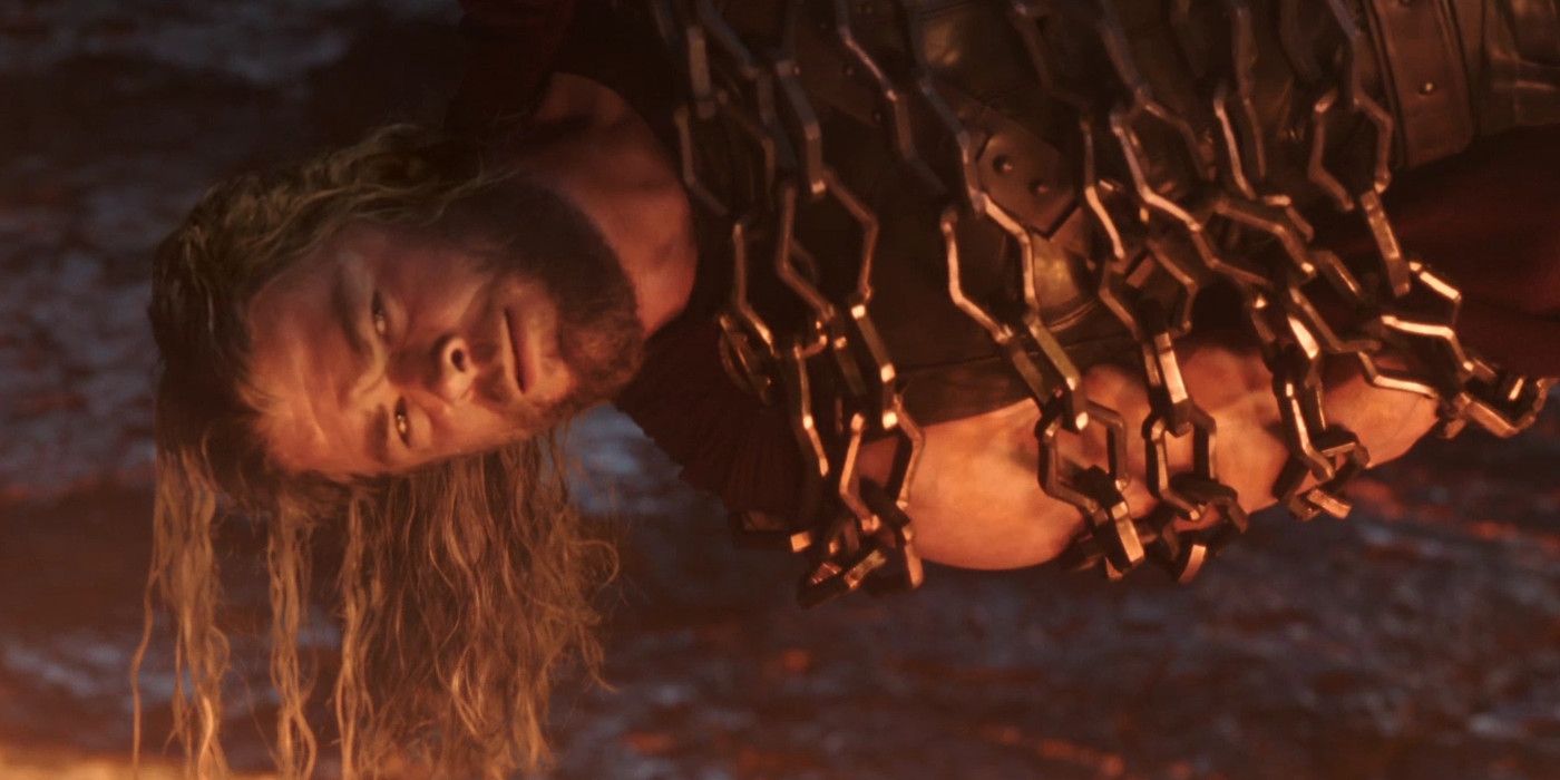 thor in chains with an impeccably groomed beard in Ragnarok