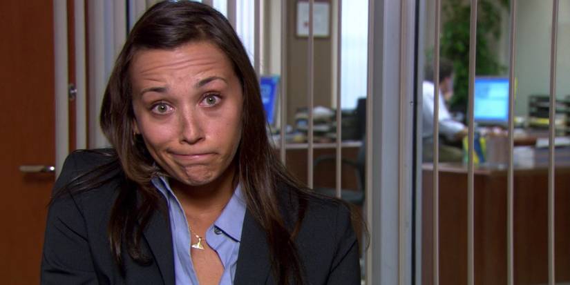 Rashia Jones pulling a face down the camera as Karen in The Office