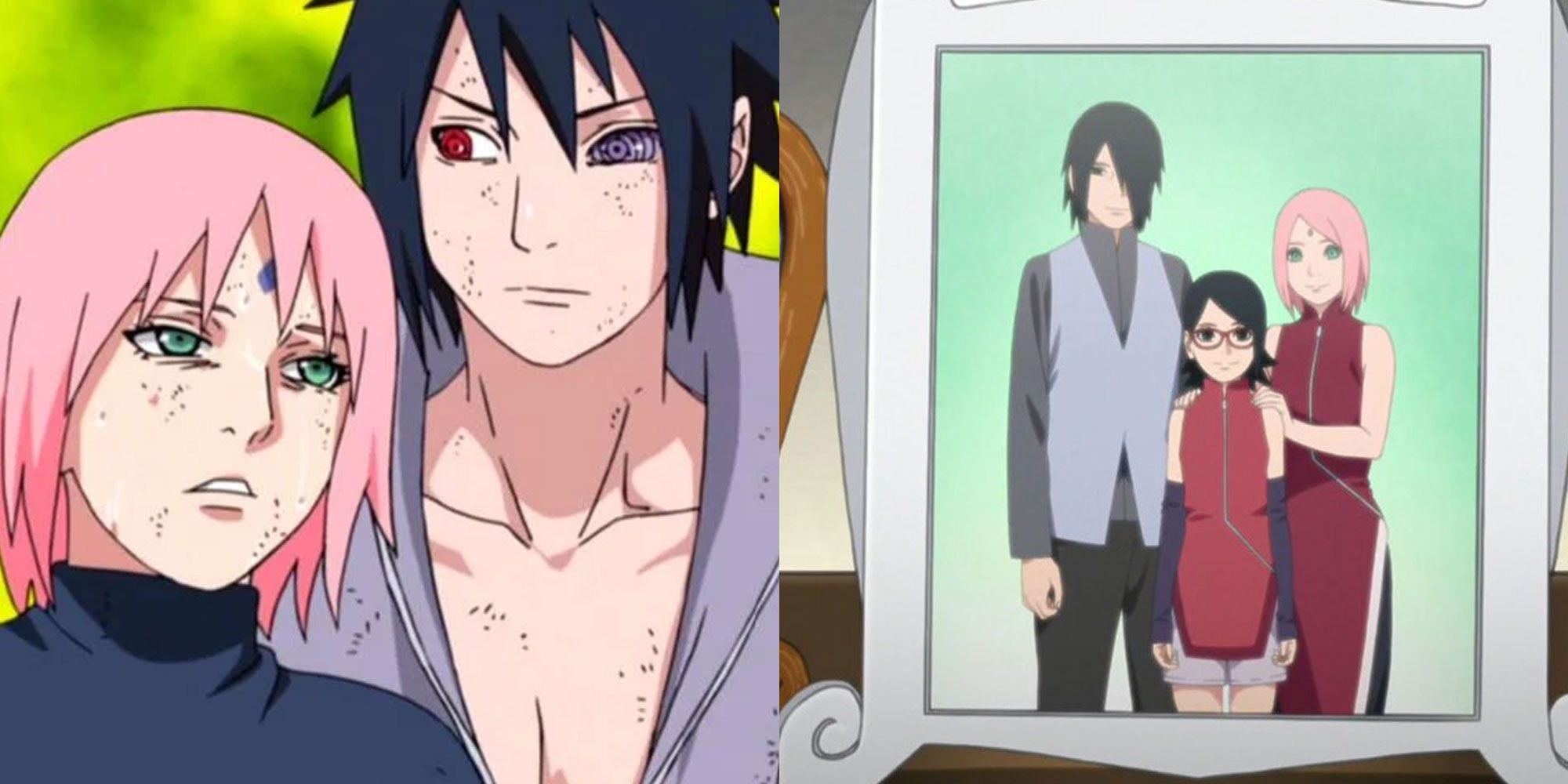 A split image features Sakura and Sasuke in Naruto Shippuden and a family photo of Sasuke, Sakura, and Sarada in Boruto