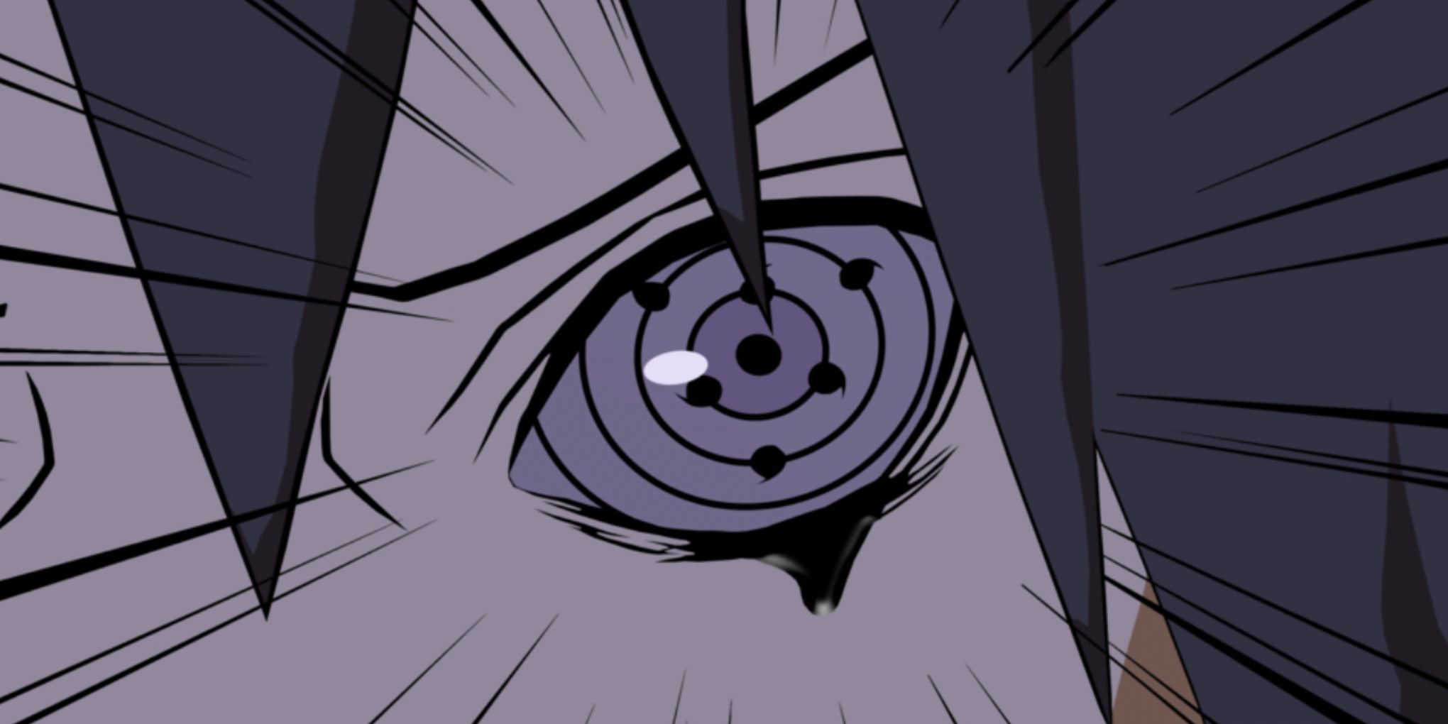 A closeup of the Rinnegan of Sasuke Uchiha in Naruto