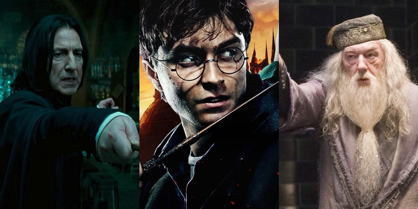 A split screen image of Snape, Harry Potter, and Dumbledore.