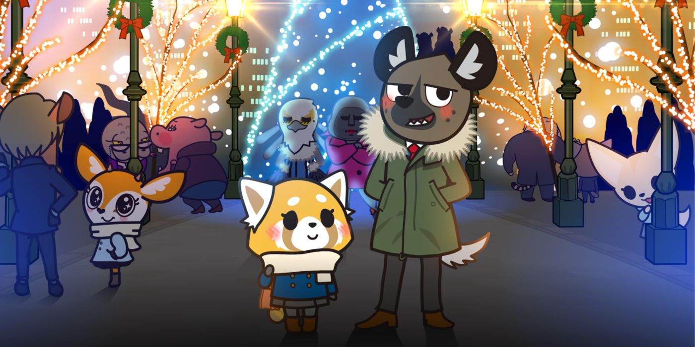 Retsuko and Haida standing outside among twinkle lights on trees in the Aggretsuko Metal Christmas Special