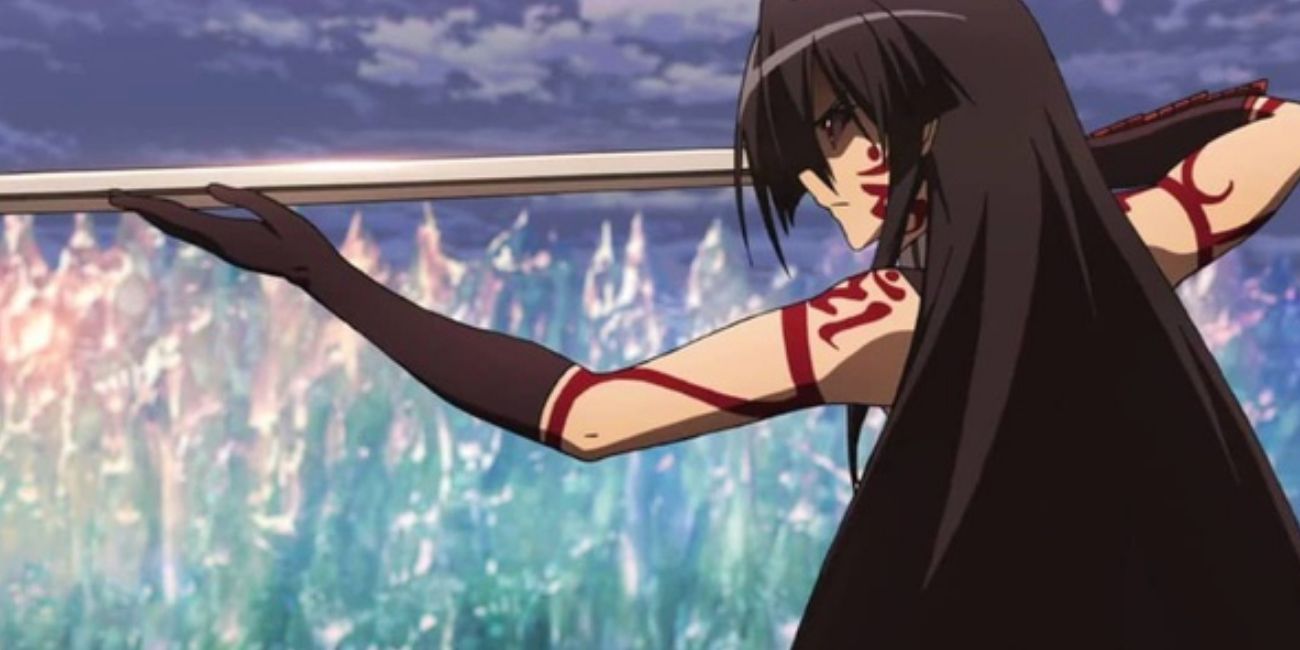 Akame holds her sword against an enemy in Akame Ga Kill