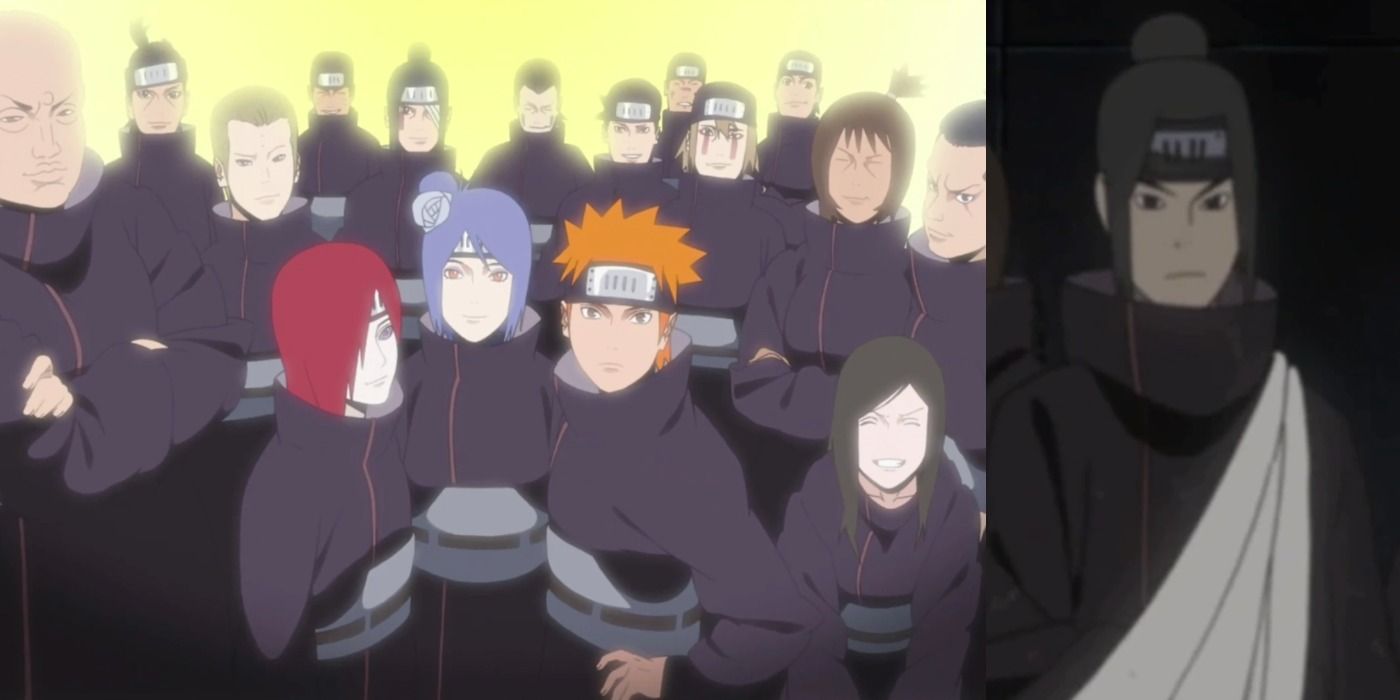 A split image features the original Akatsuki members alongside Kie in Naruto