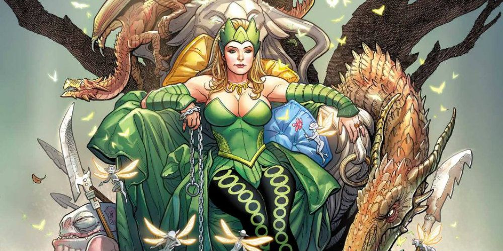 Amora, a Feiticeira, está sentada em seu trono na Marvel Comics.