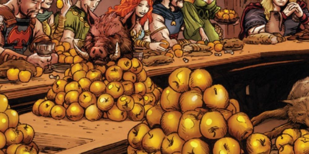 The apples of Idunn in piles on tables in Asgard in Marvel comics