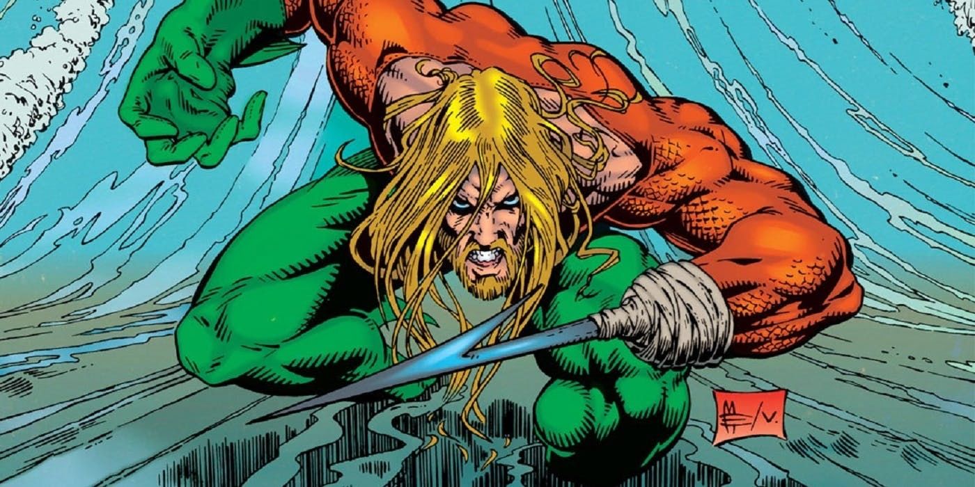 The 90s iteration of Aquaman launches from the wave brandishing a hook in place of his hand