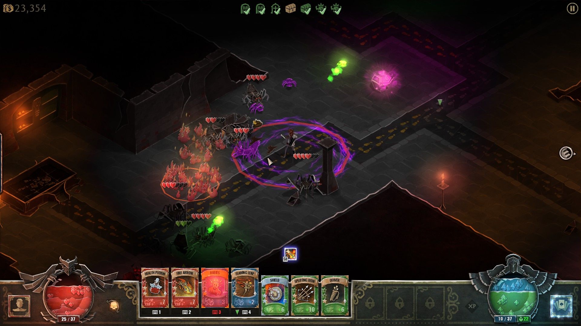 Book of Demons Review Dungeon Crawling, a player is encircled with a purple magical shield while several enemies surround them in a dungeon
