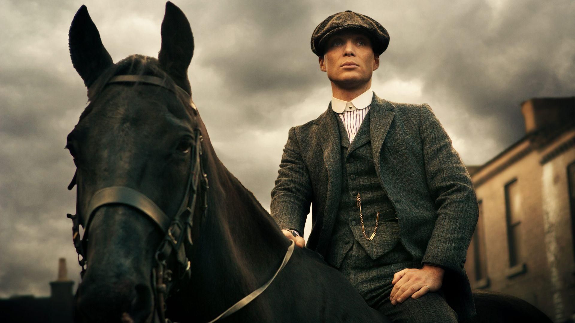 Cillian Murphy as Tommy Shelby on a horse in Peaky Blinders