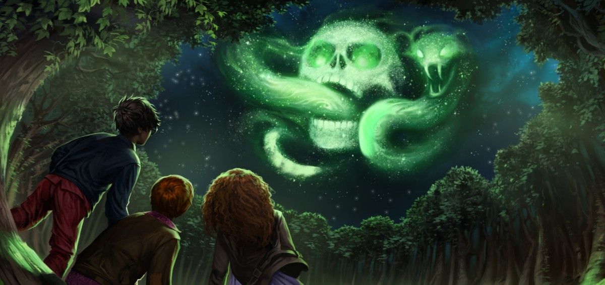 The Dark Mark shining in the sky in an illustrated version of Harry Potter sixth film.