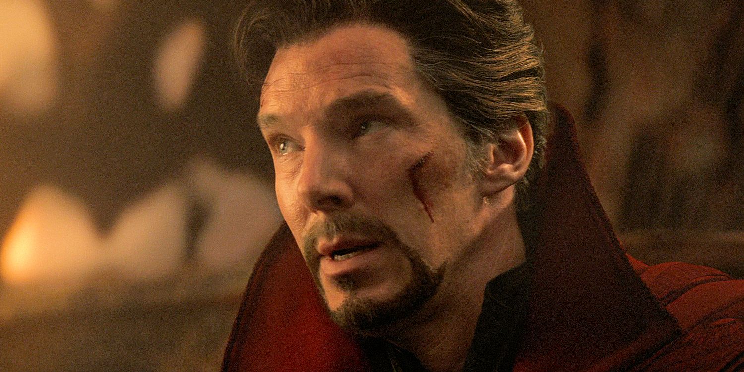 Doctor Strange with a cut on his cheek in the MCU