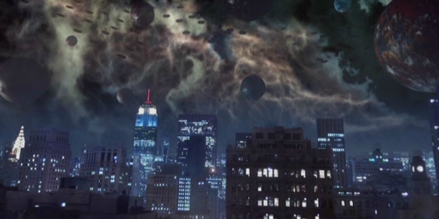 A cloudy sky over a city in Doctor Who.