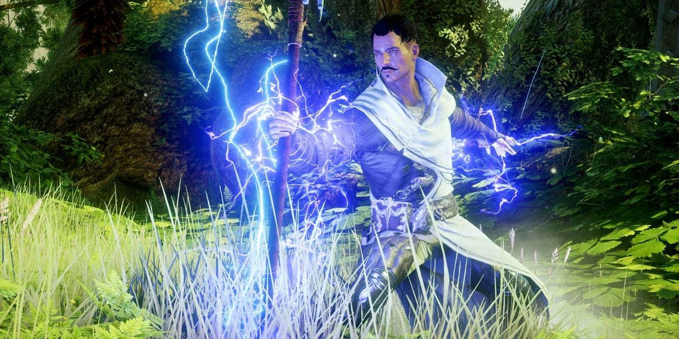 Dorian using a Storm magic attack in Dragon Age