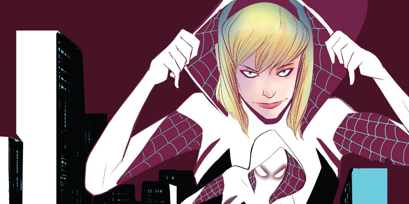 Spider-Gwen removing her hood in Marvel comics