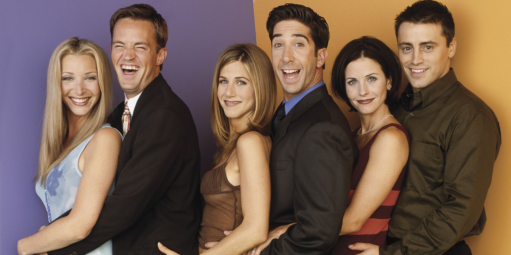 The cast of Friends posing for a promo photo.