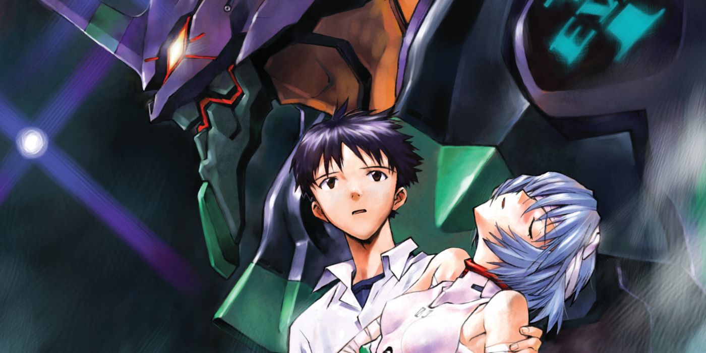 Shinji carries Rei with an Evangelion in the background in anime key art.