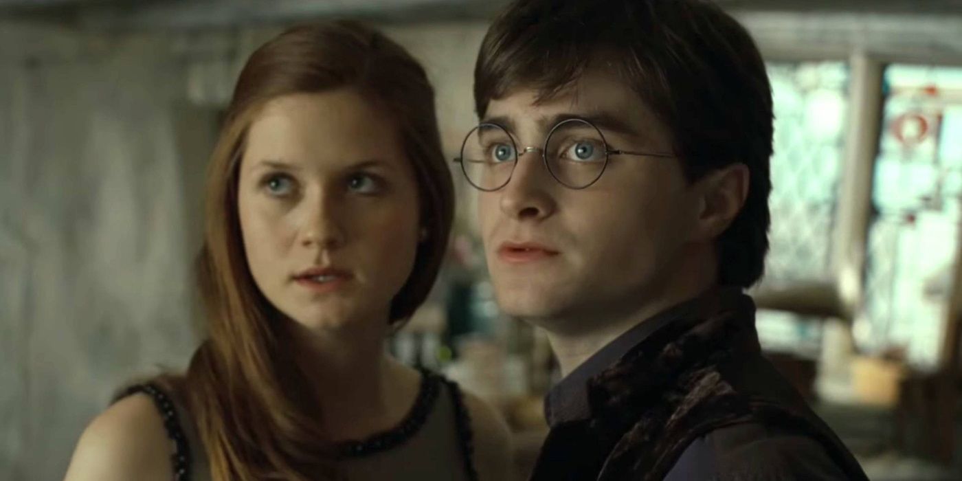 Ginny Weasley standing with Harry Potter.