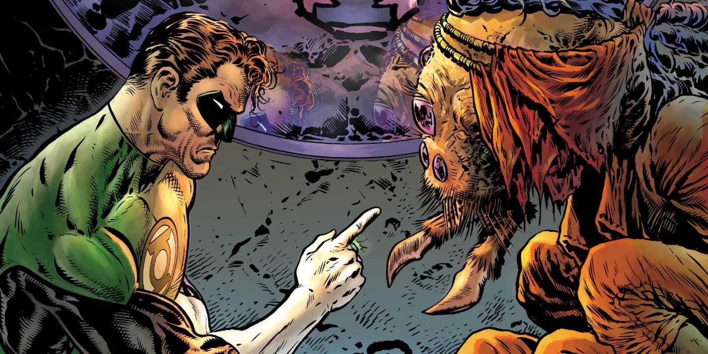 Green Lantern talks with an alien in the comics