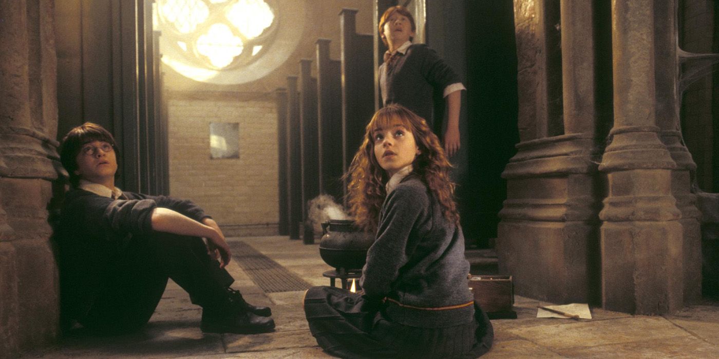 Harry Hermione and Ron in Moaning Myrtle's bathroom