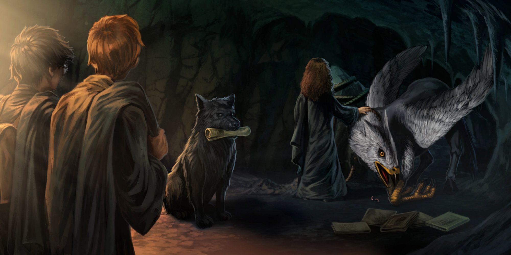 Harry Ron and Hermione visit Sirius and Buckbeak in an illustrated version of the scene