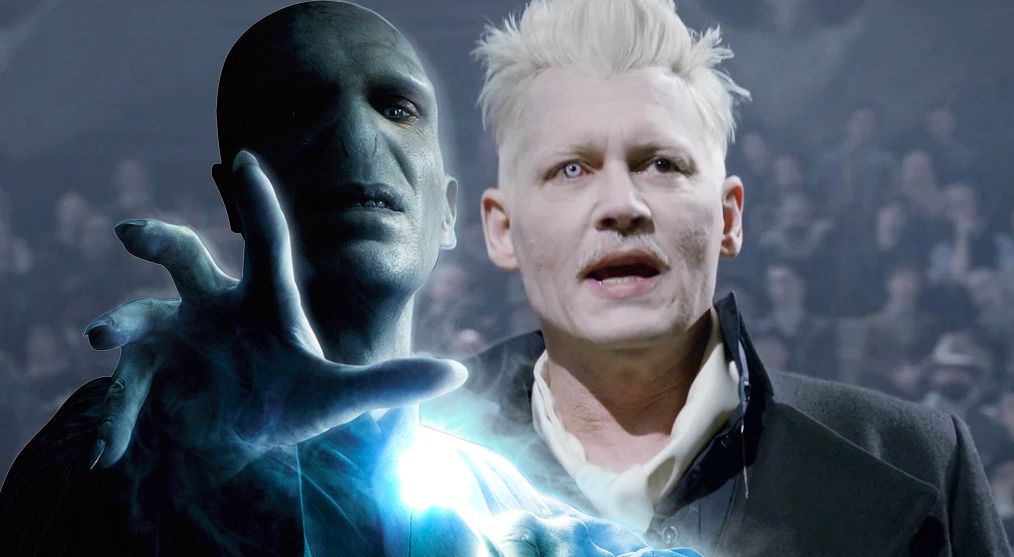 A collage of Voldemort and Grindelwald from the Harry Potter and Fantastic Beasts movies