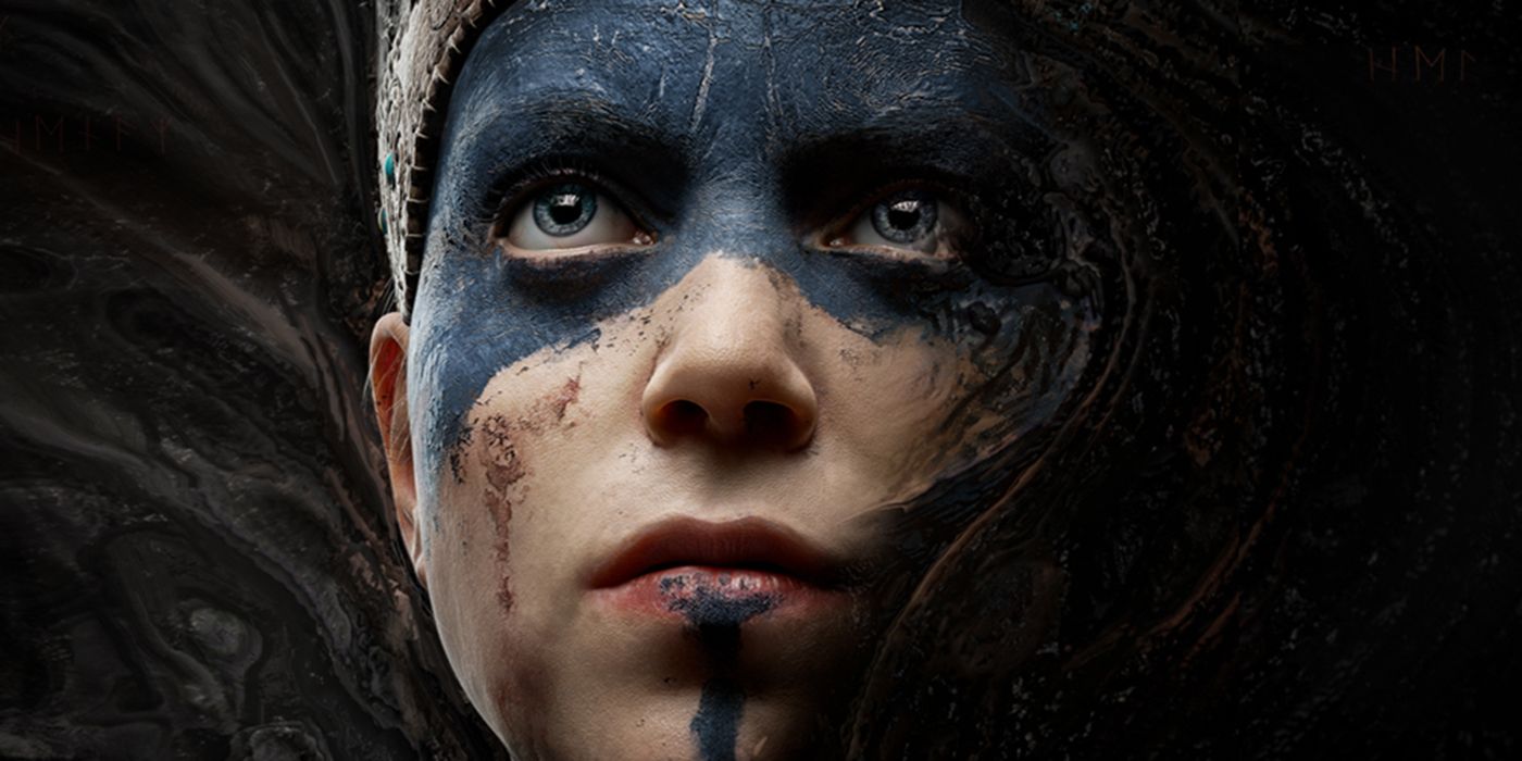 Um close do rosto de Senua de Hellblade