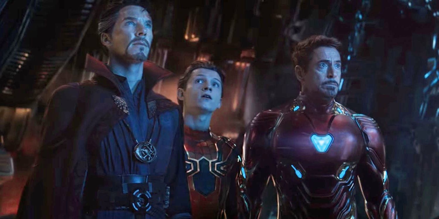 An image of Dr Strange, Iron Man and Spider Man all standing together in their costumes, looking at something off-screen