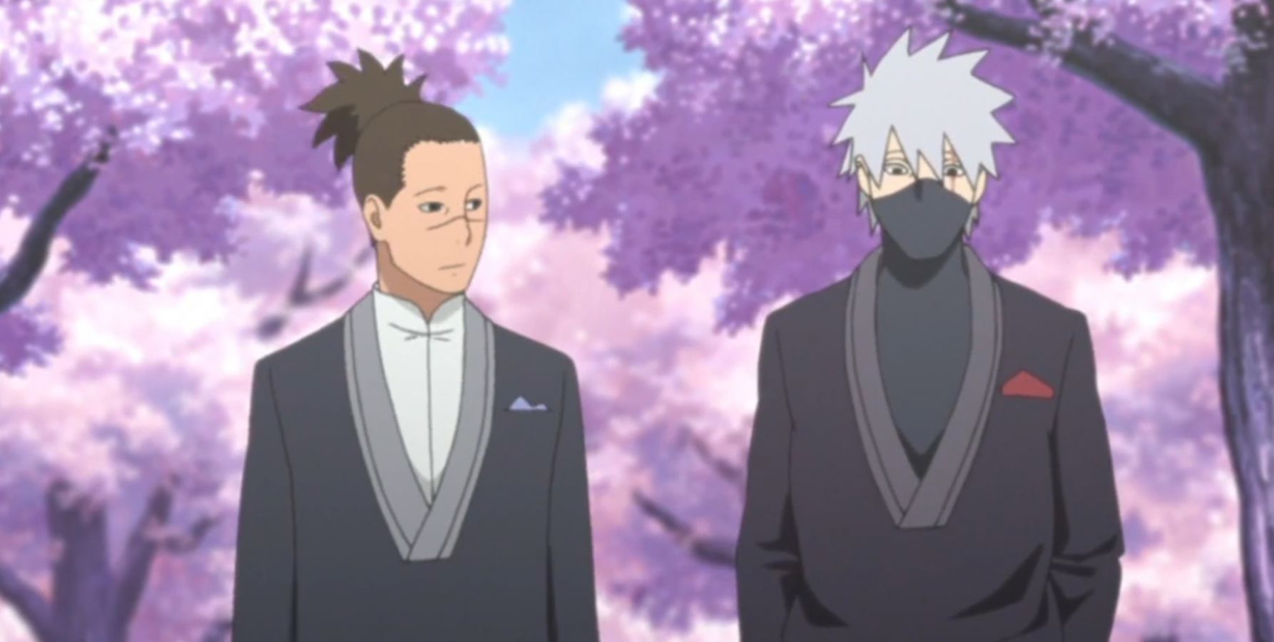 Iruka and Kakashi stand in front of the trees for Naruto and Hinata's wedding in Naruto Shippuden