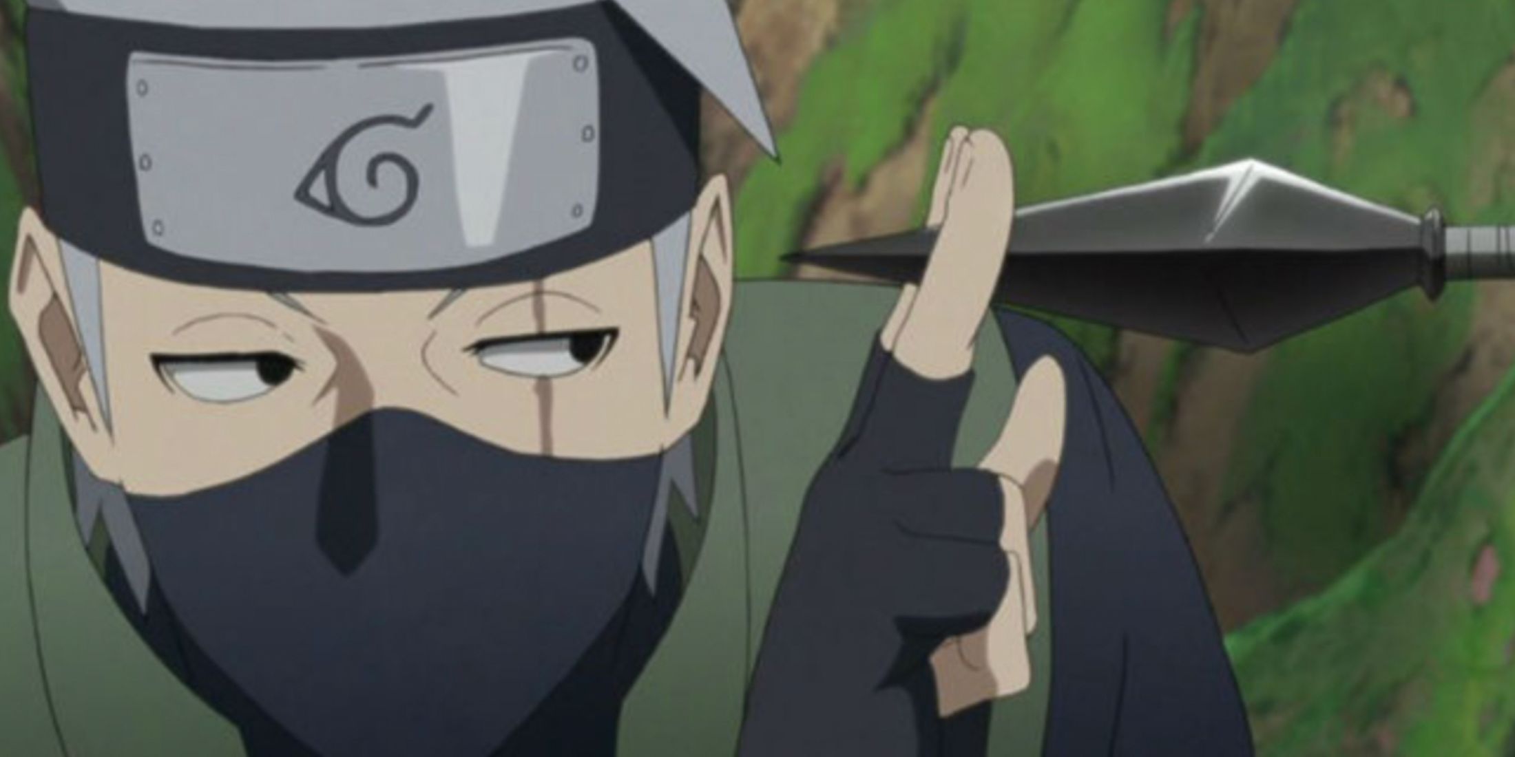 Kakashi holds a kunai by two fingers in Naruto