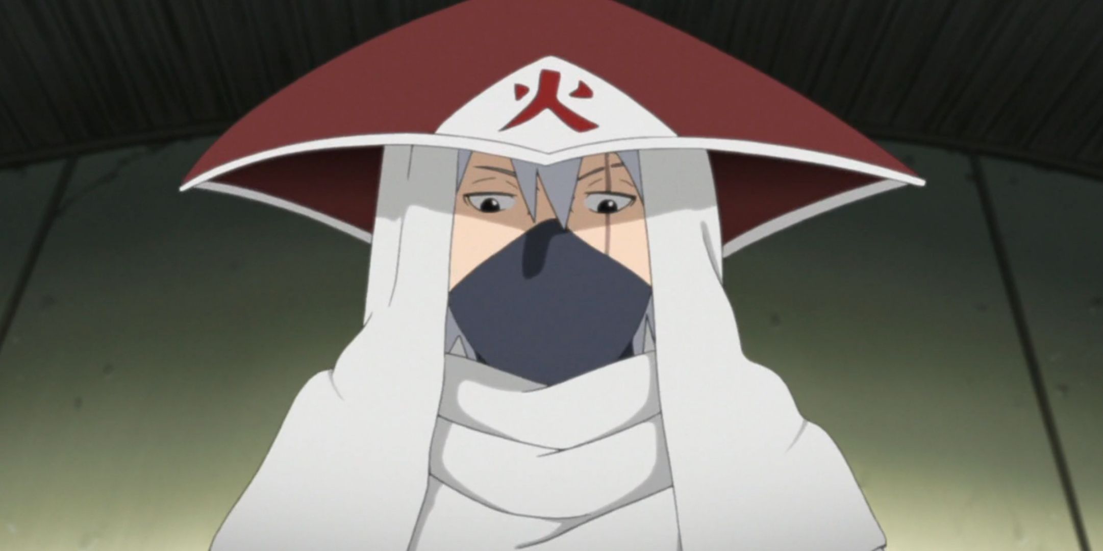 Kakashi looks down while wearing the Hokage garb in Naruto Shippuden