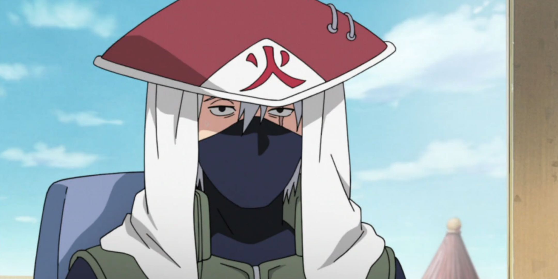 Kakashi wears the traditional Hokage garb at his desk in Naruto Shippuden